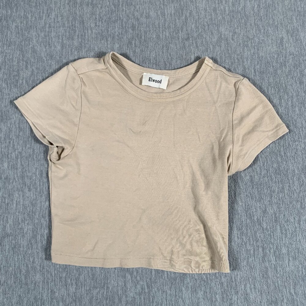 Elwood Cropped Tee Women Small Beige Basic T‑Shirt Organic Cotton Casual Top